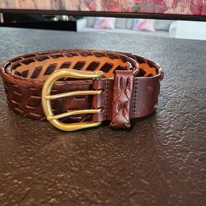 Brown Woven Leather Belt with Gold Buckle